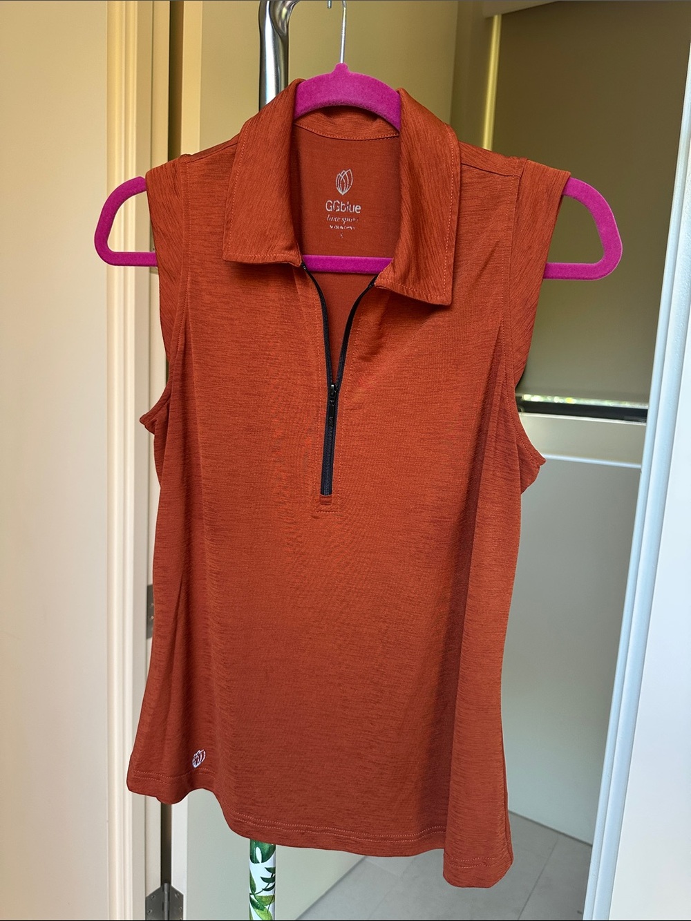Small Sleeveless GG Blue Sleeveless Polo Tank Top in Gorgeous Burnt Orange